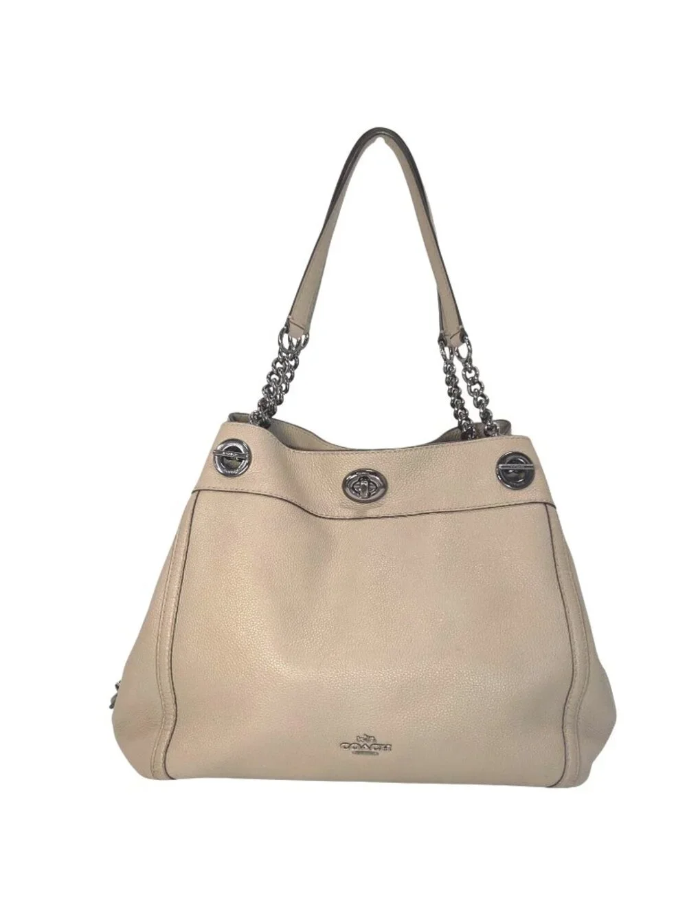 Coach 2017 Turnlock Edie Beige Taupe Leather Shoulder Bag w Gunmetal Chain 36855